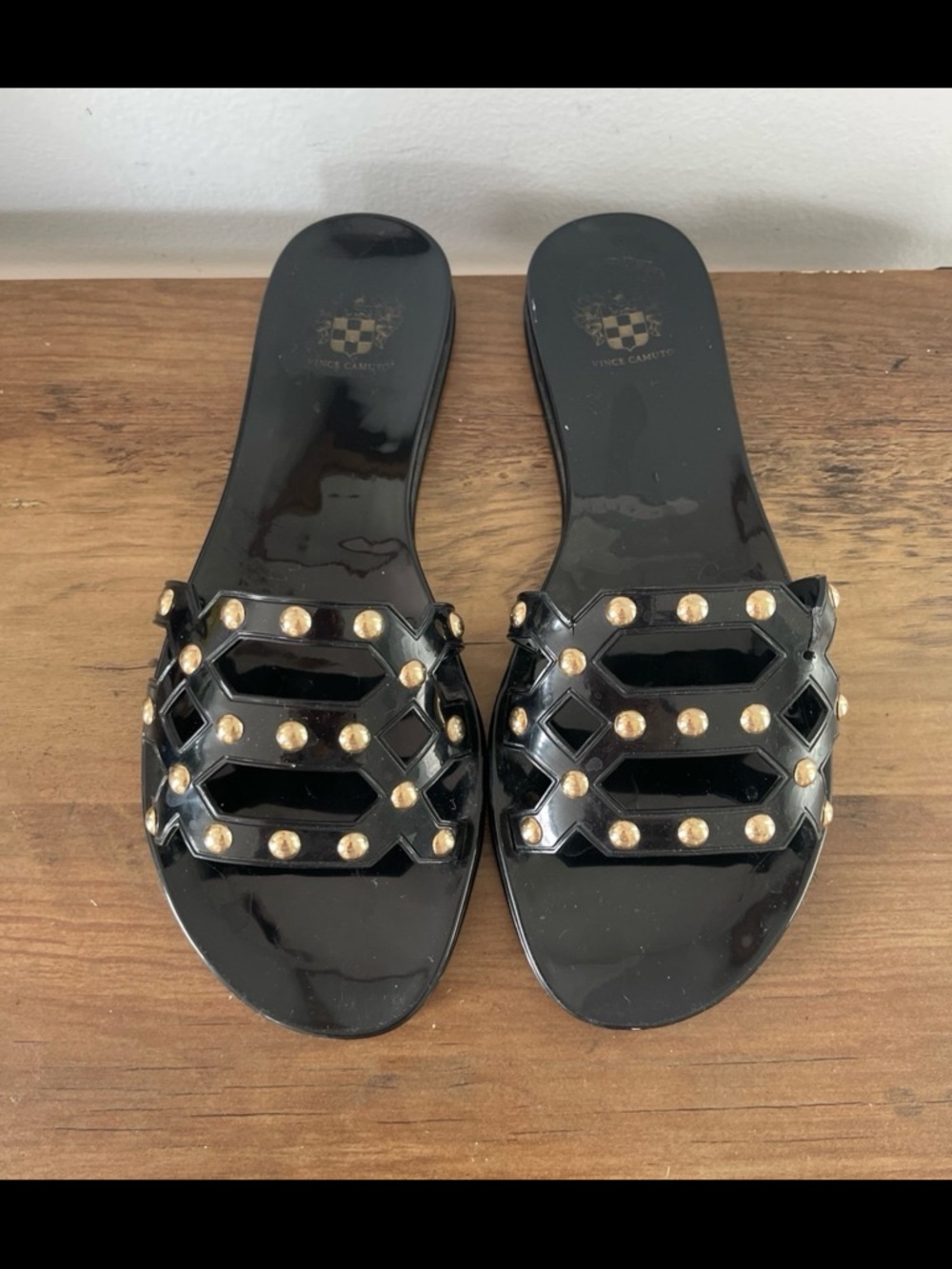 Vince Camuto Black jelly Slide Sandals with Gold Studs